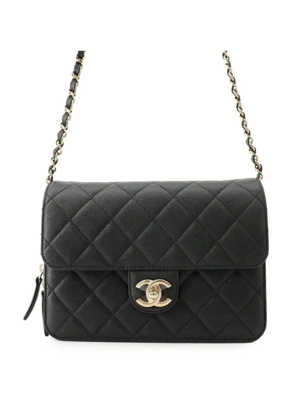 Chanel Chain Shoulder Bag CC Logo Quilted Flap Small Caviar Leather Black